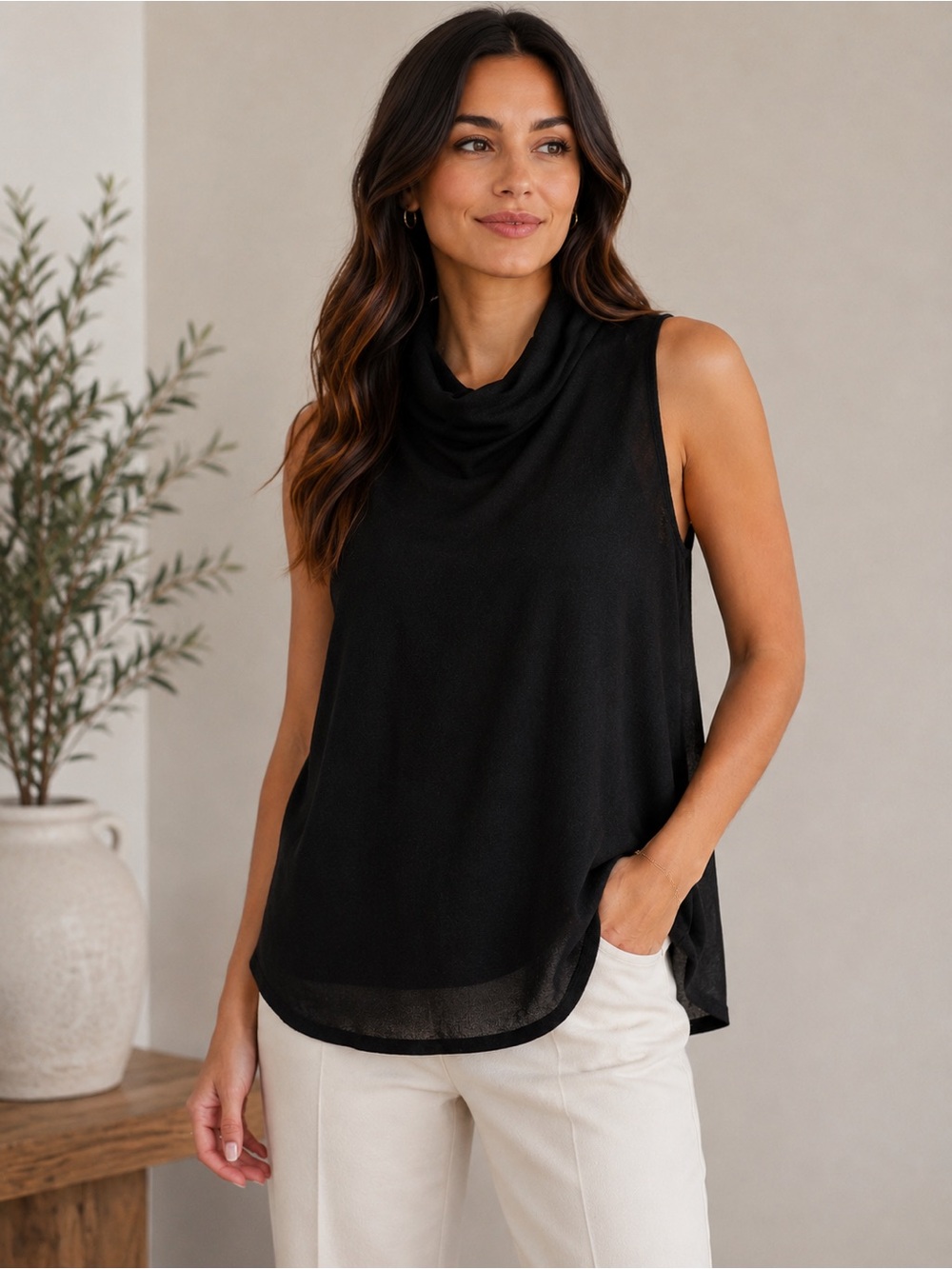 LOFT Women’s Size Large Black Sheer Sleeveless Cowl Neck Blouse